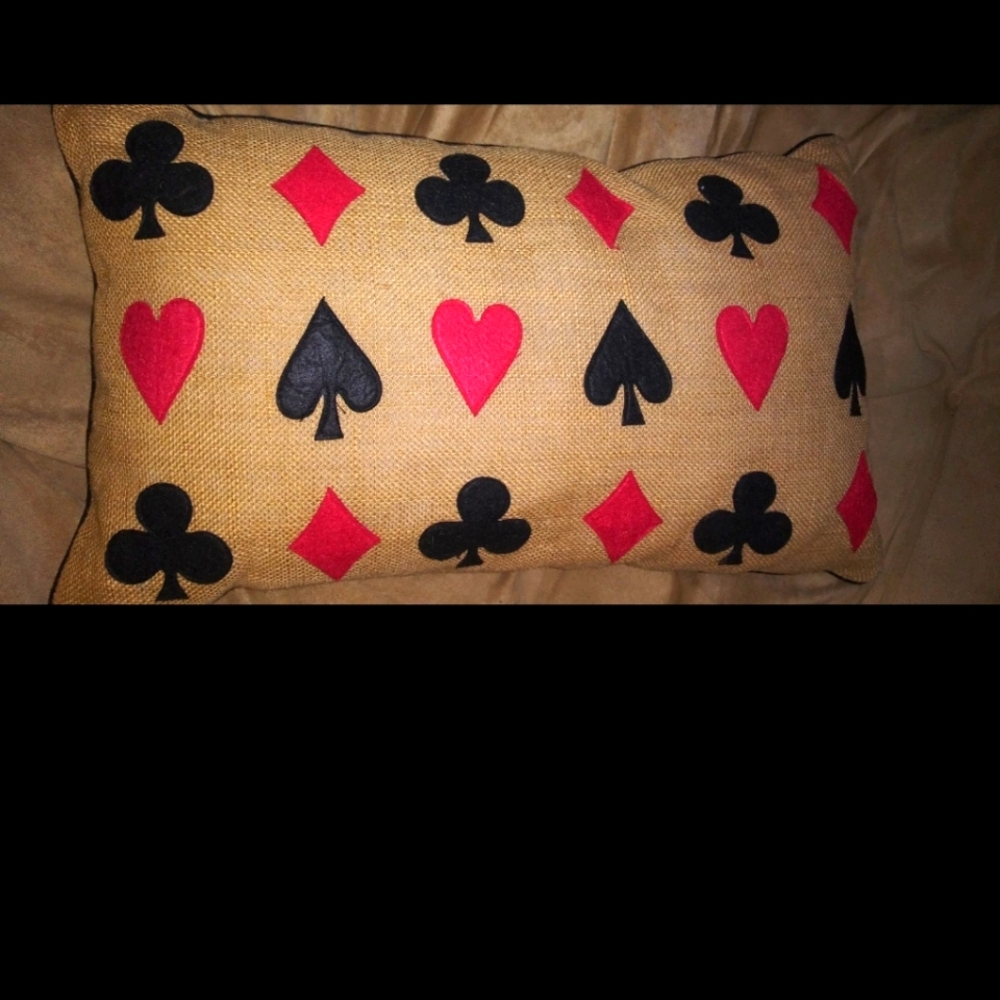 Full suit playing cards burlap pillow  18"x12" spades clubs hearts diamonds